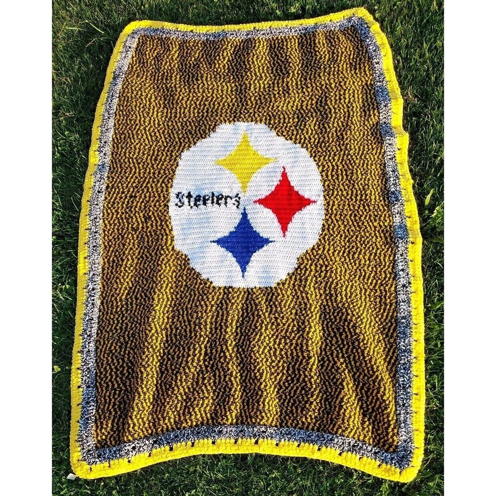 Vintage Handmade Crochet Pittsburgh STEELERS Afghan Throw 42" X 80"